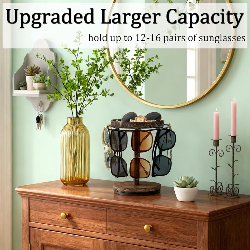 LingLingo Sunglasses Organizer 360° Rotating Eyeglass Holder Stand with Wood Tray and Base, Eye Glass Display Rack for Multiple Sunglass Storage for Table Dresser Nightstand Desk (Retro Coffee) - Image 2